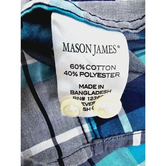 Mason James Size Large Men's White Aqua Gray Blue Check Button Down Pocket Shirt - Picture 7 of 10